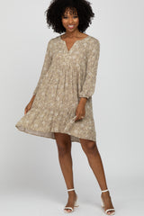 Taupe Floral Button Front Tiered Dress