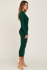 Forest Green V-Neck Long Sleeve Fitted Maxi Dress