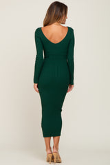 Forest Green V-Neck Long Sleeve Fitted Maxi Dress