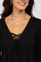 Black Lace-Up Front Long Sleeve Babydoll Top