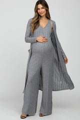 Heather Grey Ribbed Sleeveless Jumpsuit Cardigan Maternity Set