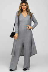 Heather Grey Ribbed Sleeveless Jumpsuit Cardigan Maternity Set