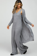 Heather Grey Ribbed Sleeveless Jumpsuit Cardigan Set