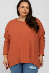 Orange Soft Brushed Knit Dolman Sleeve Side Slit Maternity Plus Top