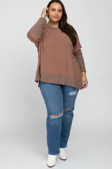 Mocha Soft Brushed Knit Dolman Sleeve Side Slit Plus Top