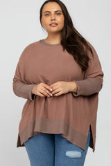 Mocha Soft Brushed Knit Dolman Sleeve Side Slit Maternity Plus Top