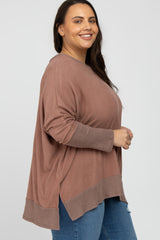 Mocha Soft Brushed Knit Dolman Sleeve Side Slit Plus Top