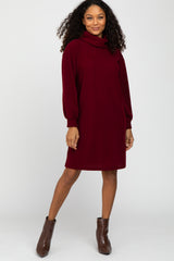 Burgundy Brushed Rib Turtleneck Maternity Dress