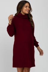 Burgundy Brushed Rib Turtleneck Maternity Dress