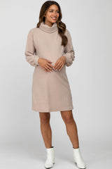 Beige Brushed Rib Turtleneck Maternity Dress