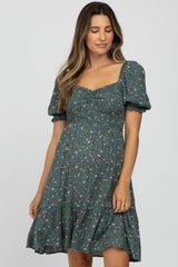 Teal Floral Puff Sleeve Maternity Dress