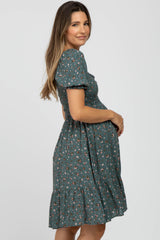 Teal Floral Puff Sleeve Maternity Dress