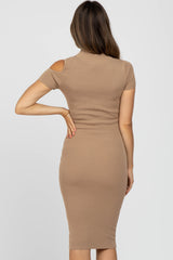 Taupe Mock Neck Cutout Fitted Maternity Dress