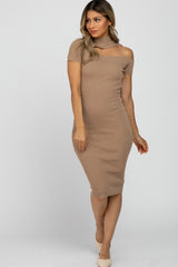 Taupe Mock Neck Cutout Fitted Maternity Dress