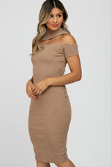 Taupe Mock Neck Cutout Fitted Dress