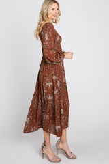 Rust Floral Smocked Midi Dress