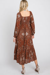 Rust Floral Smocked Midi Dress