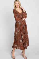 Rust Floral Smocked Midi Dress