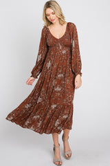 Rust Floral Smocked Midi Dress