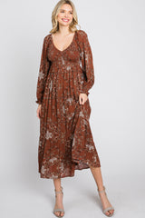 Rust Floral Smocked Midi Dress