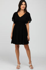 Black Smocked Front Ruffle Hem Dress