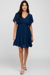 Navy Blue Smocked Front Ruffle Hem Maternity Dress