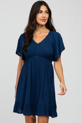 Navy Blue Smocked Front Ruffle Hem Dress