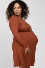 Rust Ribbed Long Sleeve Plus Maternity Dress