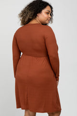 Rust Ribbed Long Sleeve Plus Maternity Dress