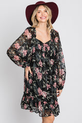 Black Chiffon Floral Square Ruffle Neck Dress