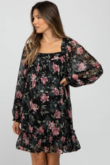 Black Chiffon Floral Square Ruffle Neck Maternity Dress