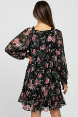 Black Chiffon Floral Square Ruffle Neck Maternity Dress