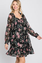 Black Chiffon Floral Square Ruffle Neck Dress