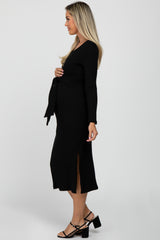 Black Ribbed Knit Tie Front Maternity Midi Dress