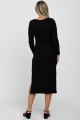 Black Ribbed Knit Tie Front Maternity Midi Dress