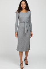 Grey Ribbed Knit Tie Front Midi Dress