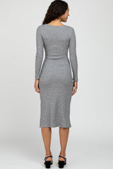 Grey Ribbed Knit Tie Front Midi Dress