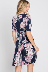 Navy Blue Floral Wrap Front Dress