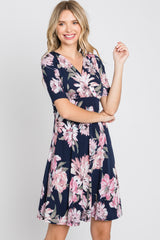 Navy Blue Floral Wrap Front Dress