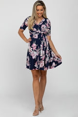 Navy Blue Floral Wrap Front Maternity Dress