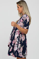 Navy Blue Floral Wrap Front Maternity Dress