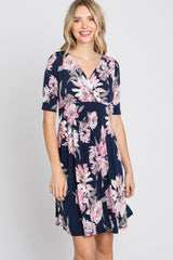 Navy Blue Floral Wrap Front Dress