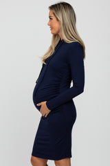 Navy Blue Ruched Hooded Maternity Dress