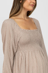 Beige Polka Dot Square Neck Smocked Maternity Midi Dress