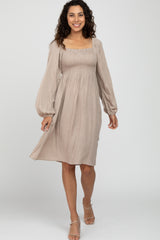 Beige Polka Dot Square Neck Smocked Maternity Midi Dress