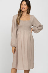 Beige Polka Dot Square Neck Smocked Maternity Midi Dress