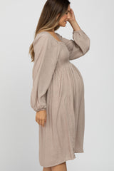 Beige Polka Dot Square Neck Smocked Maternity Midi Dress