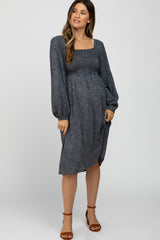 Charcoal Polka Dot Square Neck Smocked Maternity Midi Dress