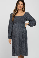 Charcoal Polka Dot Square Neck Smocked Maternity Midi Dress