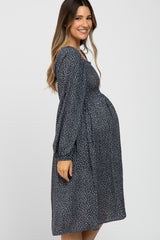 Charcoal Polka Dot Square Neck Smocked Maternity Midi Dress